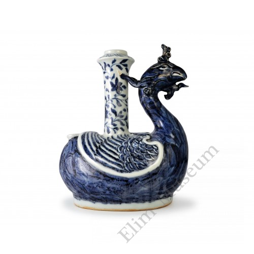 1417  A Blue-White  phoenix-head B&W kendi